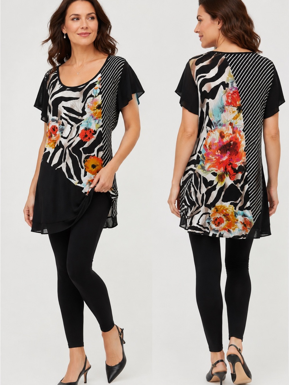 Monroe & Main Mixed Print Floral Zebra Stripe Asymmetrical Tunic Top Size M